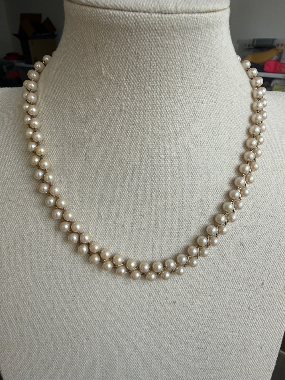 Vintage Avon Dual Strand Cream Faux Pearl Necklace with Gold Tone Accents.